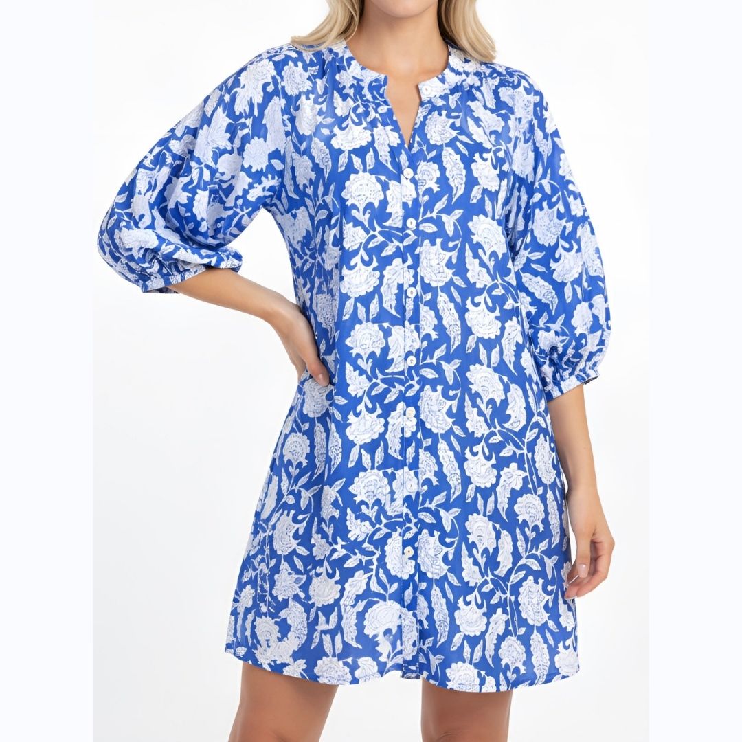 Blue & White Button Front Floral Dress