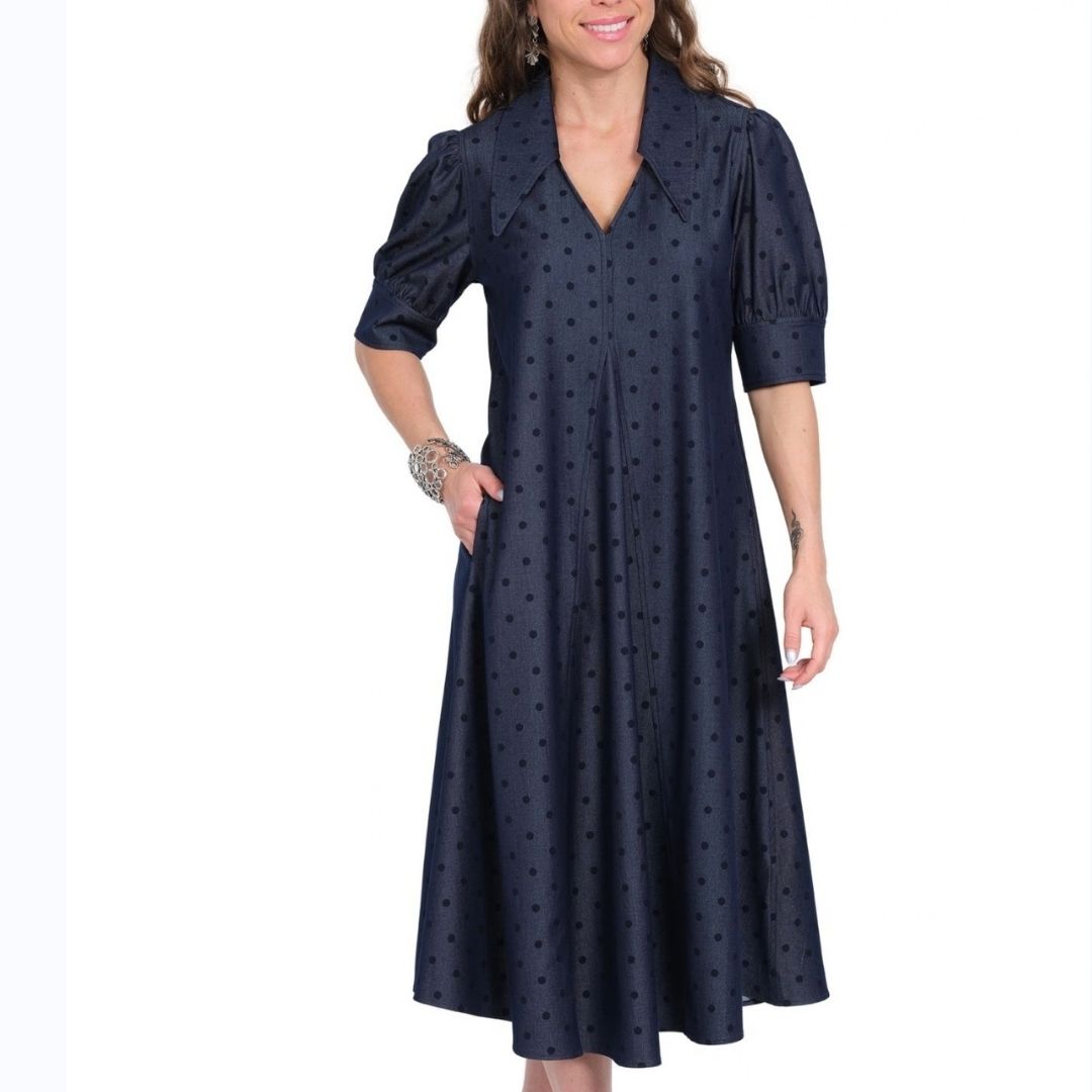 Denim Polka Dot Inverted Pleat Dress
