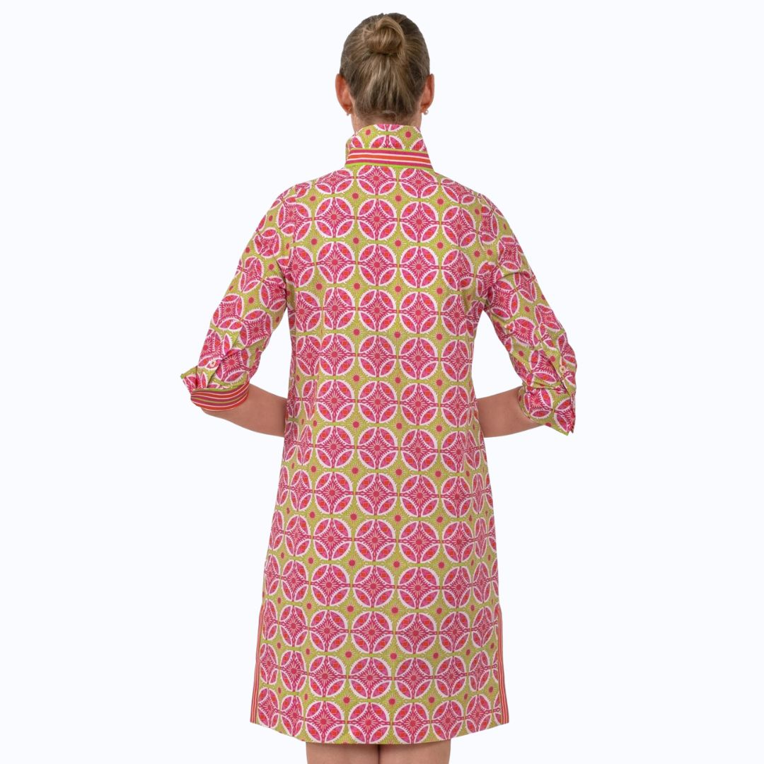 Pink/Green Geometric Tile Print Shirt Dress