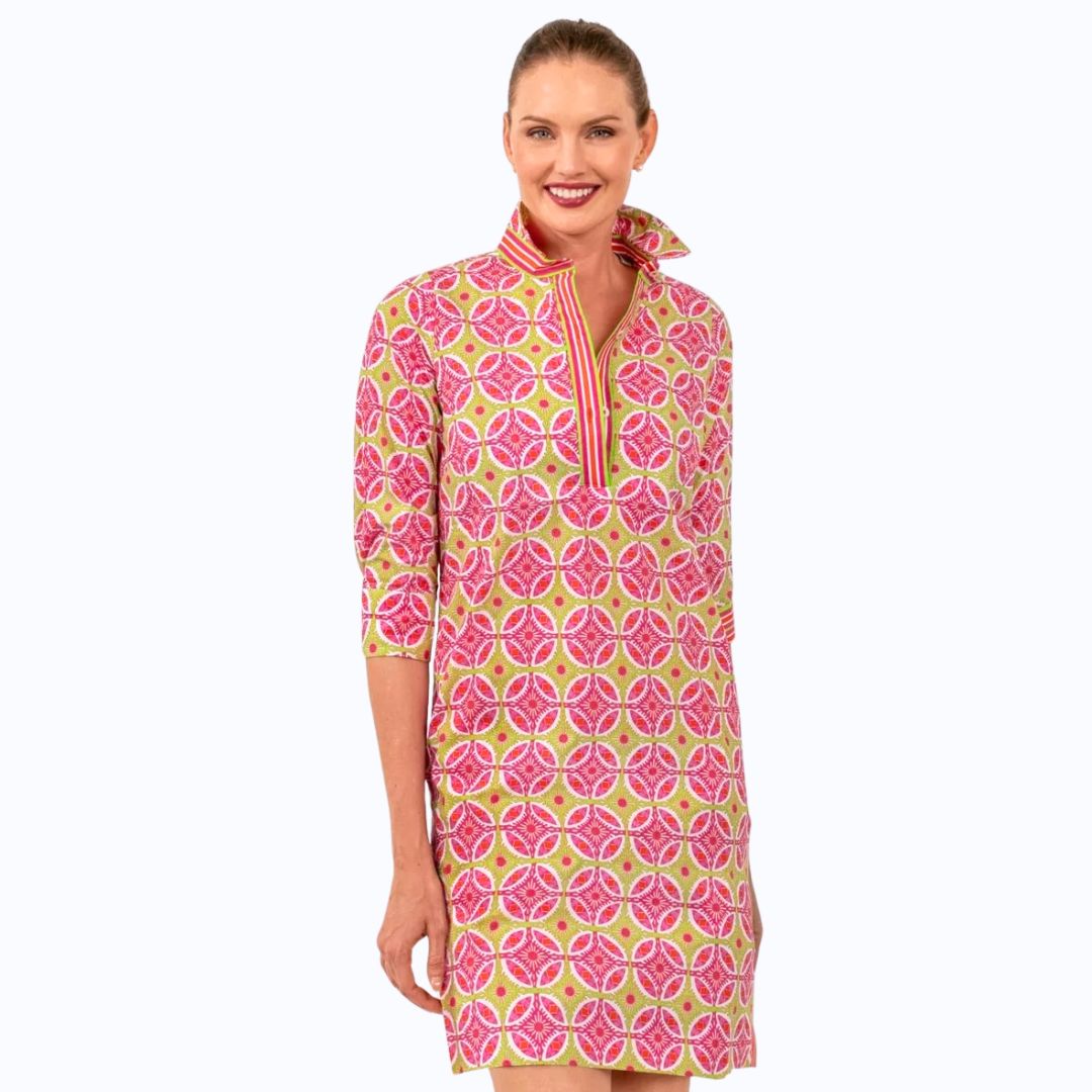 Pink/Green Geometric Tile Print Shirt Dress