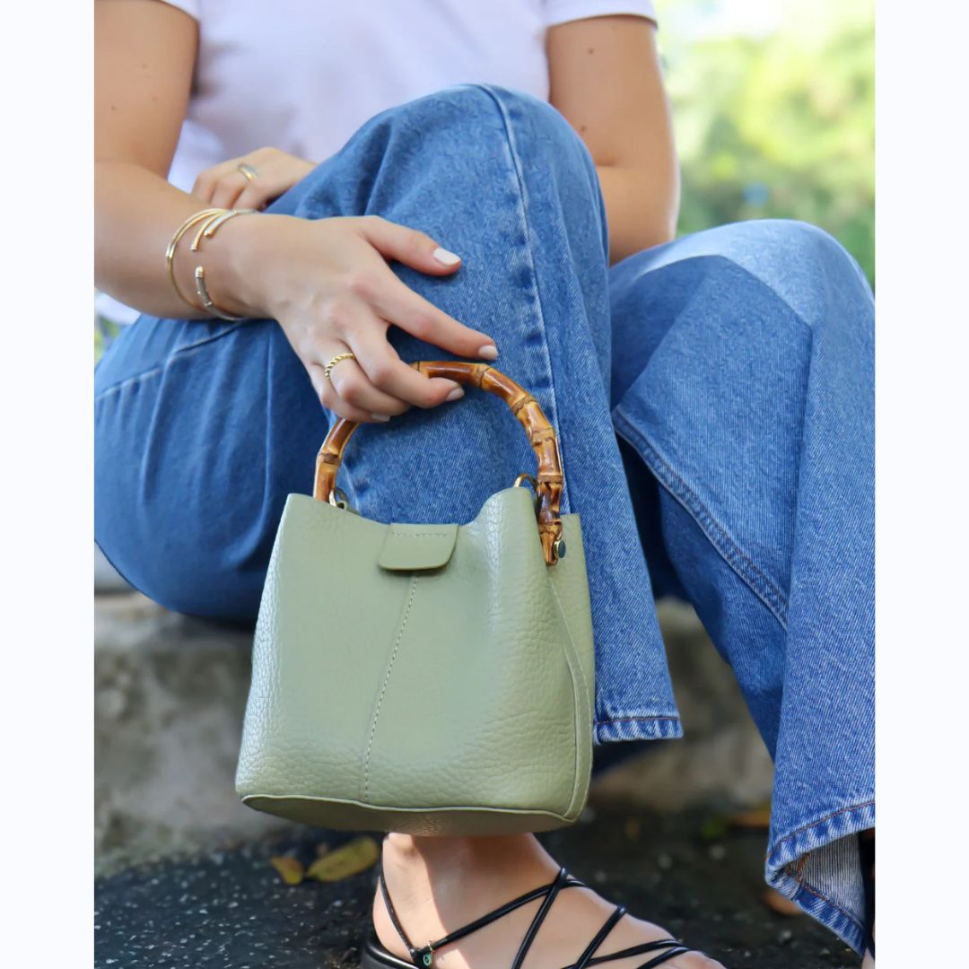 Bamboo Handle Green Bucket Bag