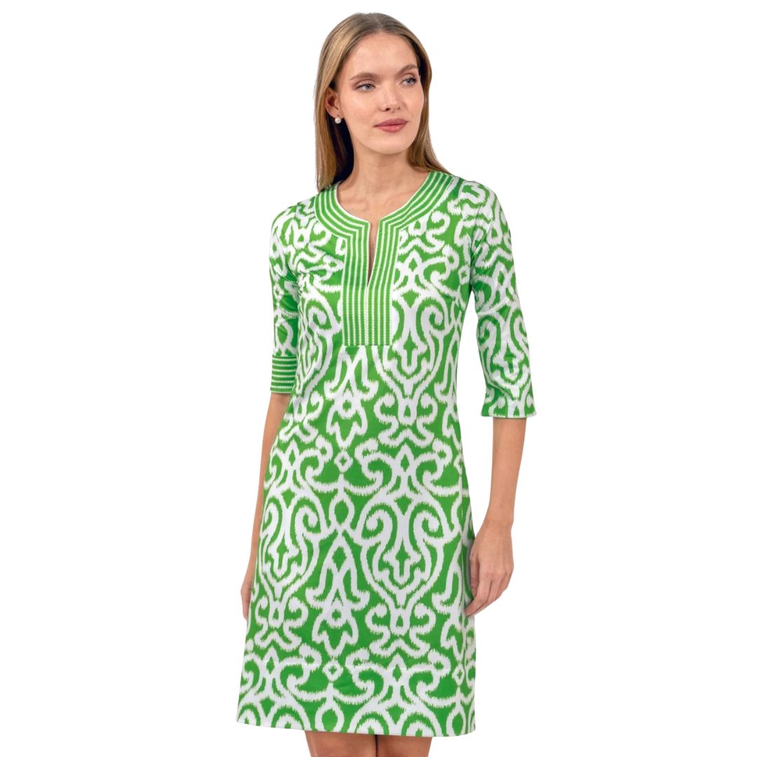 Green/White Split Neck Dress