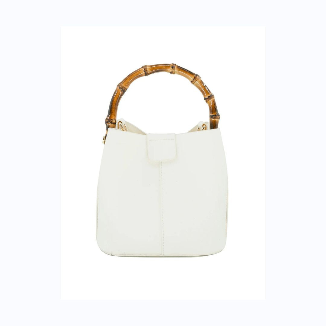 Bamboo Handle White Bucket Bag