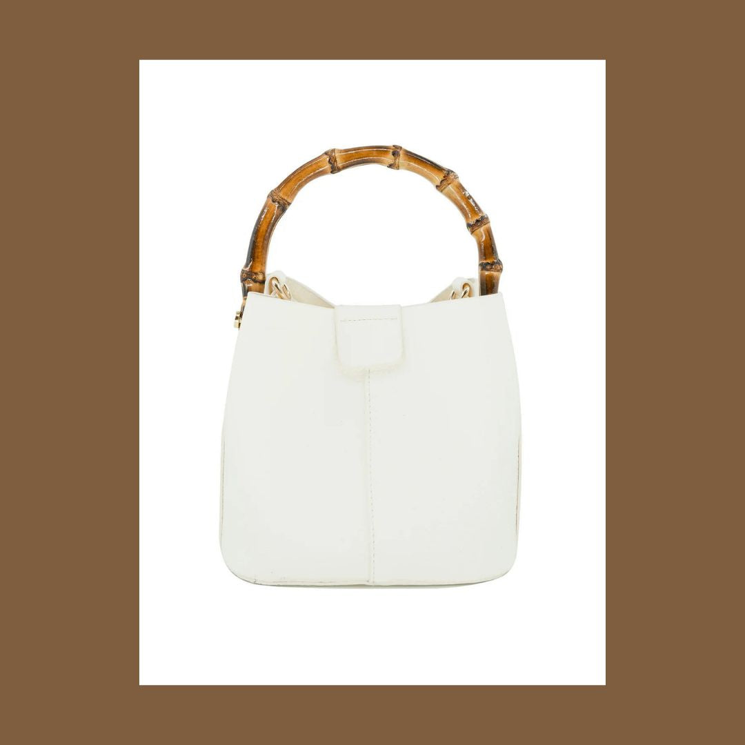 Bamboo Handle White Bucket Bag