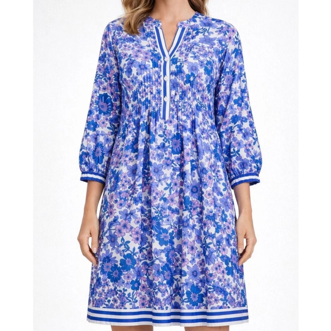Blue Floral Pintuck Dress