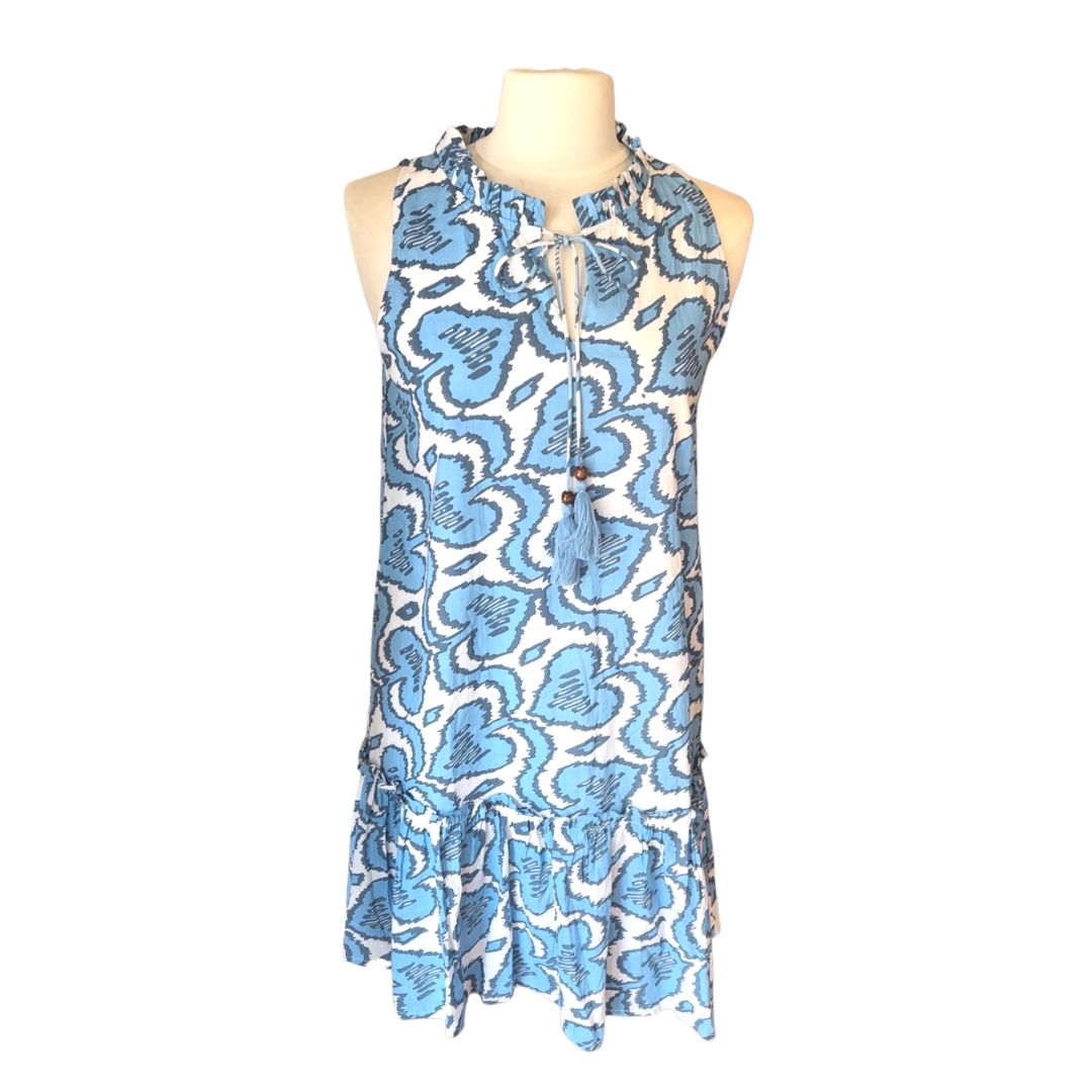 Sleeveless Blue &amp; White Dress With Tassel Tie Neckline