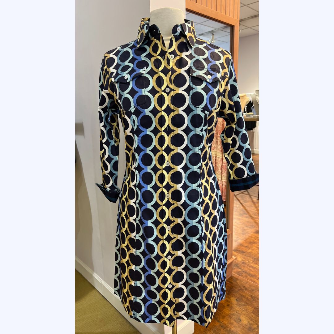 Navy Rings Button Front Shirt Dress