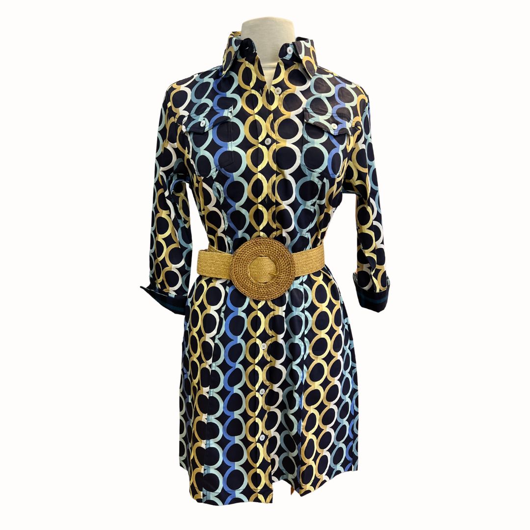 Navy Rings Button Front Shirt Dress