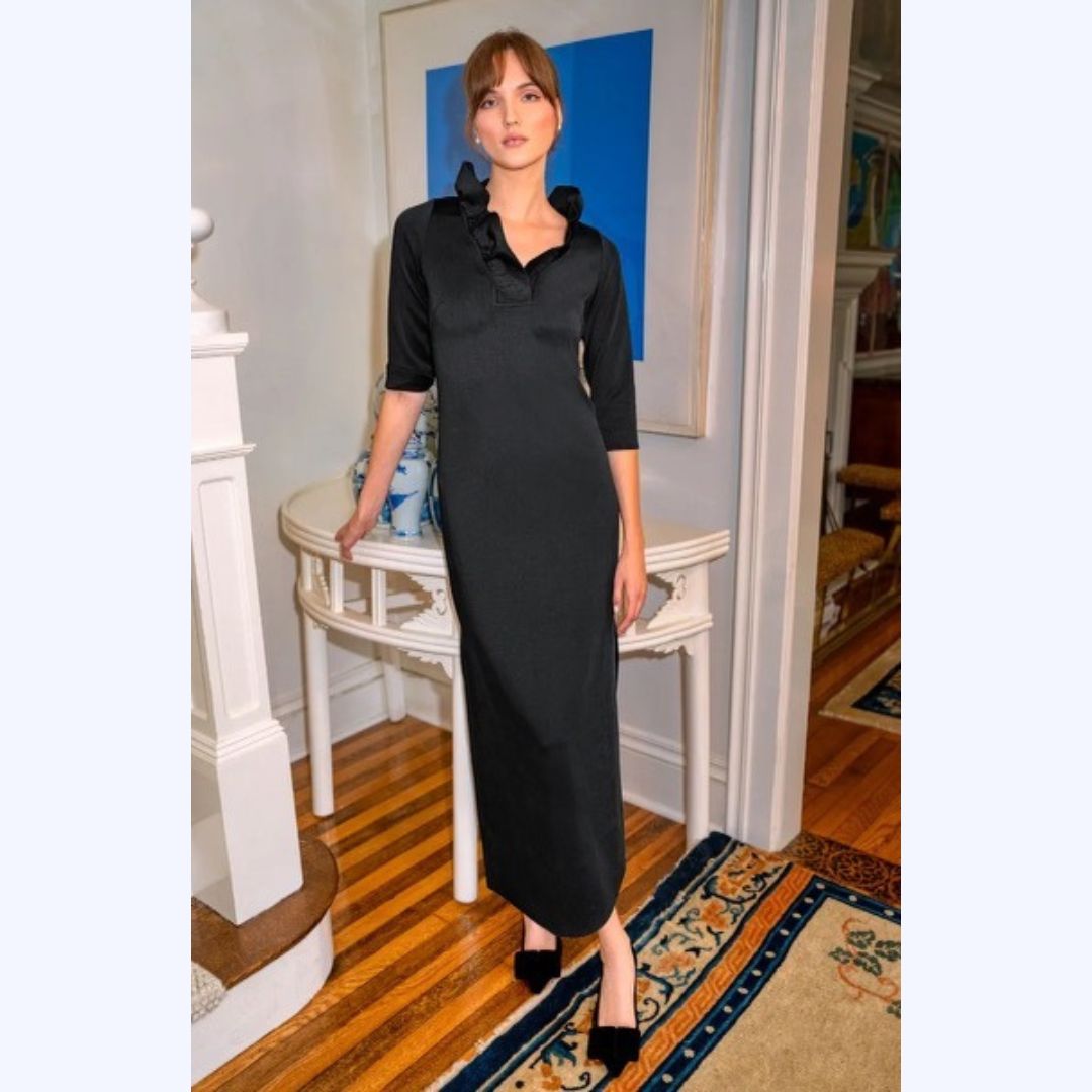 Maxi Ruffle Neck Dress 3/4 Sleeves Navy / Medium Maxi Ruffle Neck Dress 3/4 Sleeves Navy / Medium