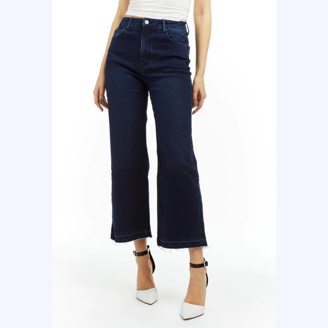 Blue Denim Wide Straight Ankle Jeans