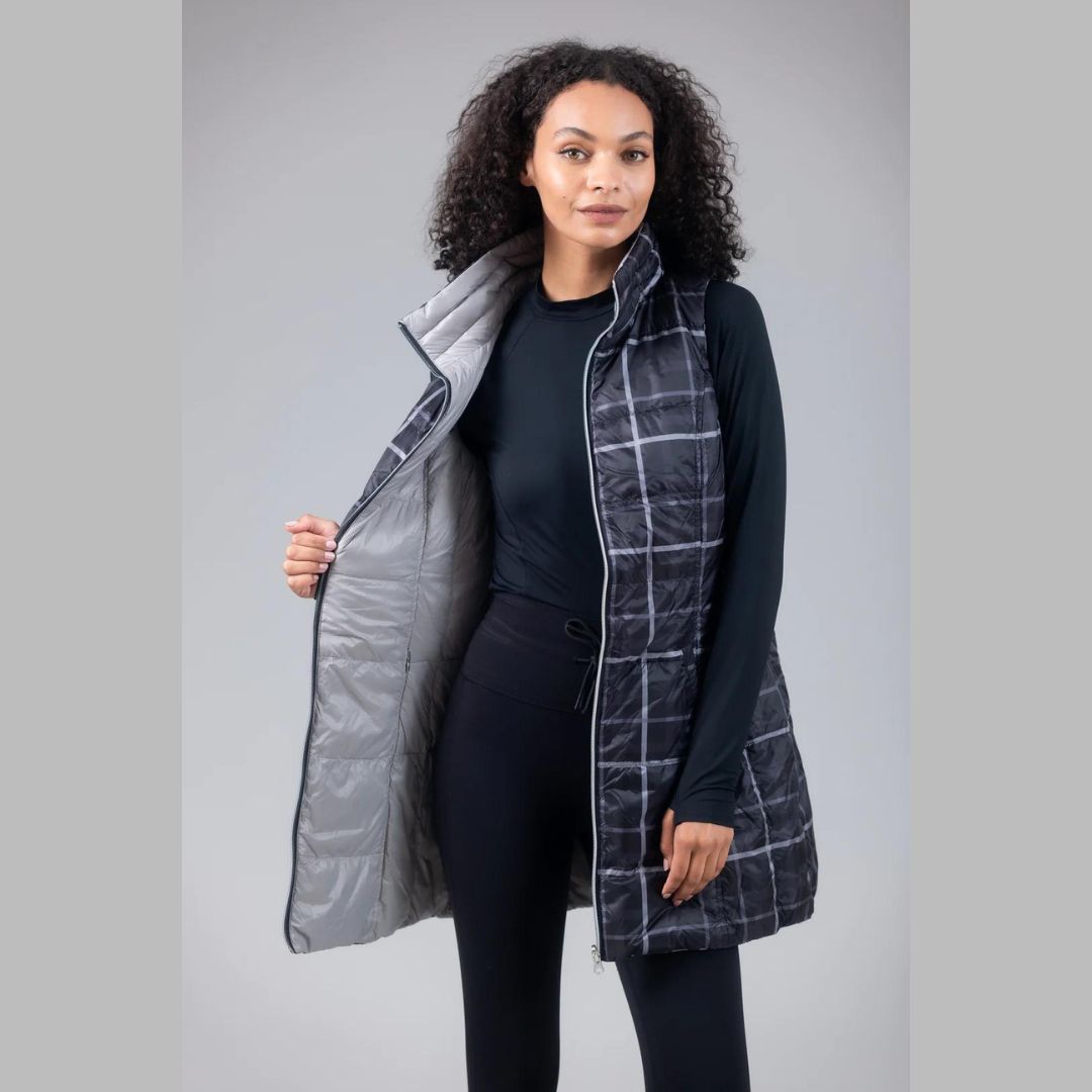 Reversible Plaid Long Down Vest