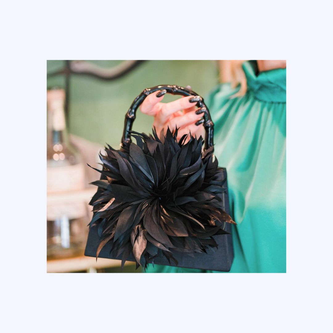 Bamboo Handle Black Feather Bag