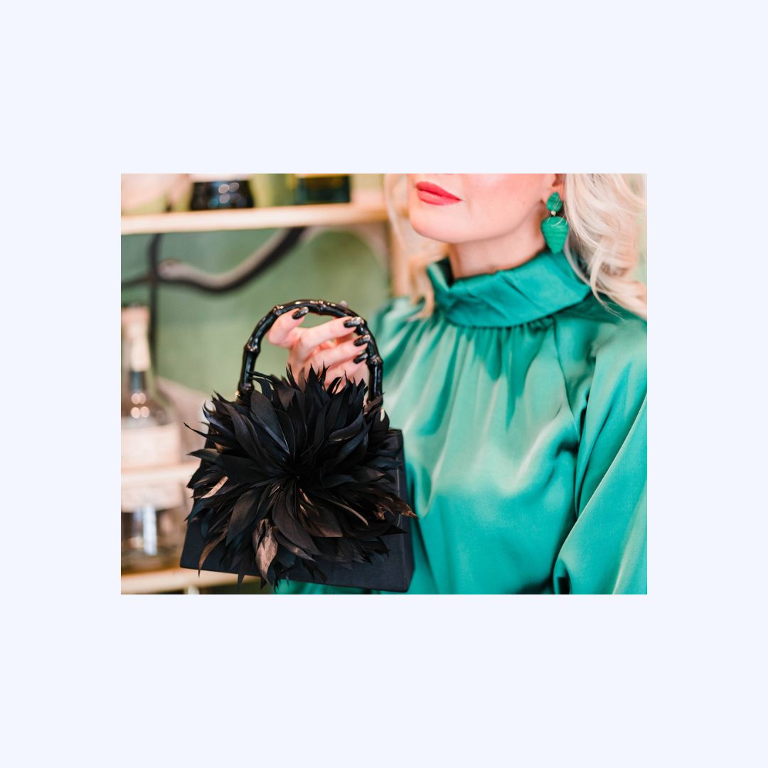 Bamboo Handle Black Feather Bag