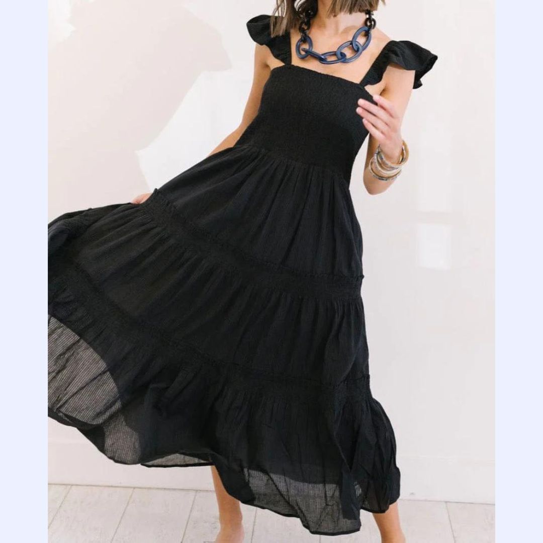 Black Flutter Cap Sleeve Dress
