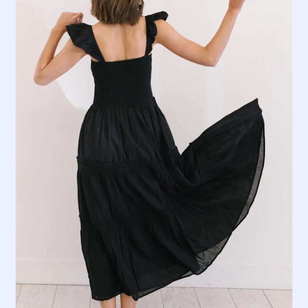 Black Flutter Cap Sleeve Dress
