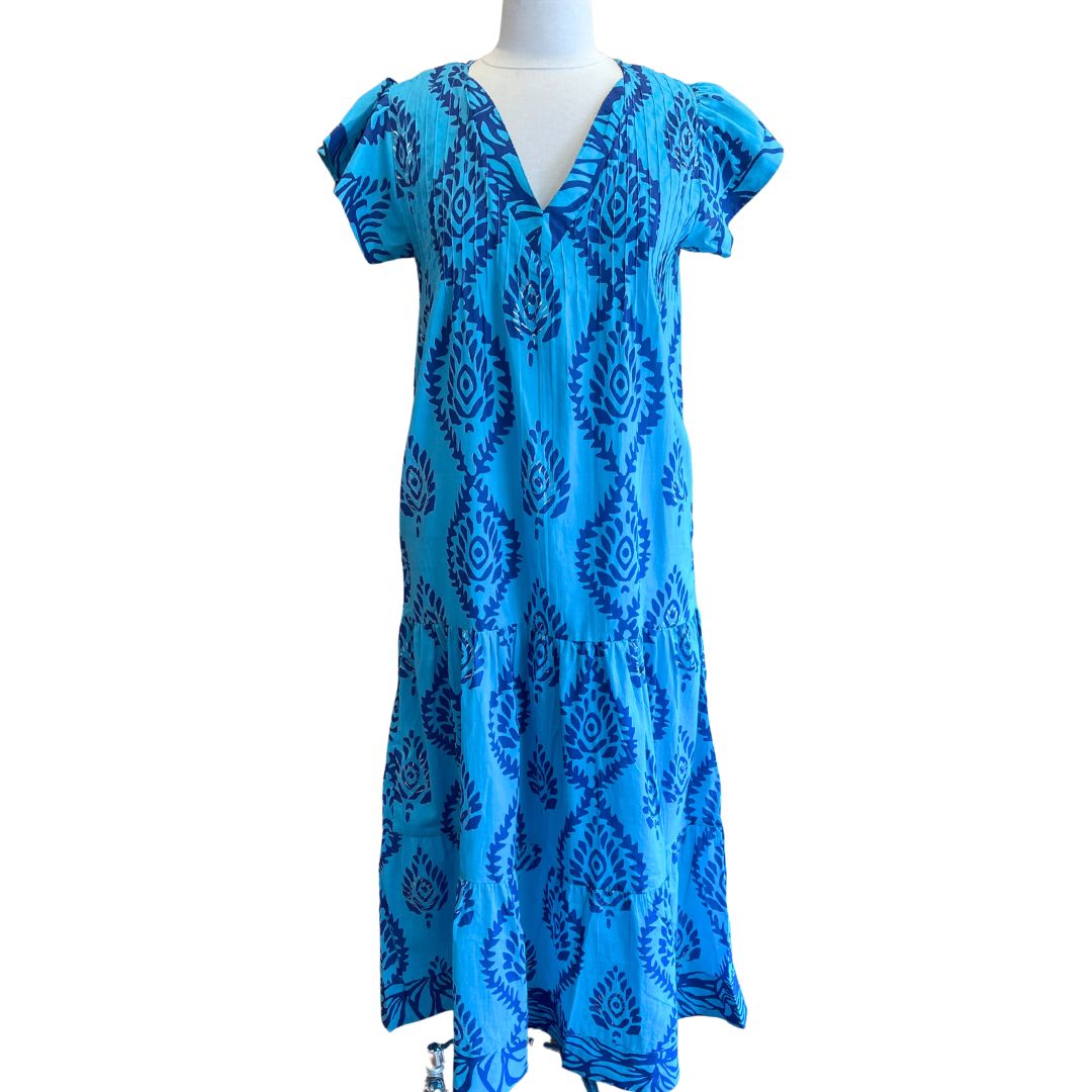 Long Turquoise V-Neck Pin Tuck Dress