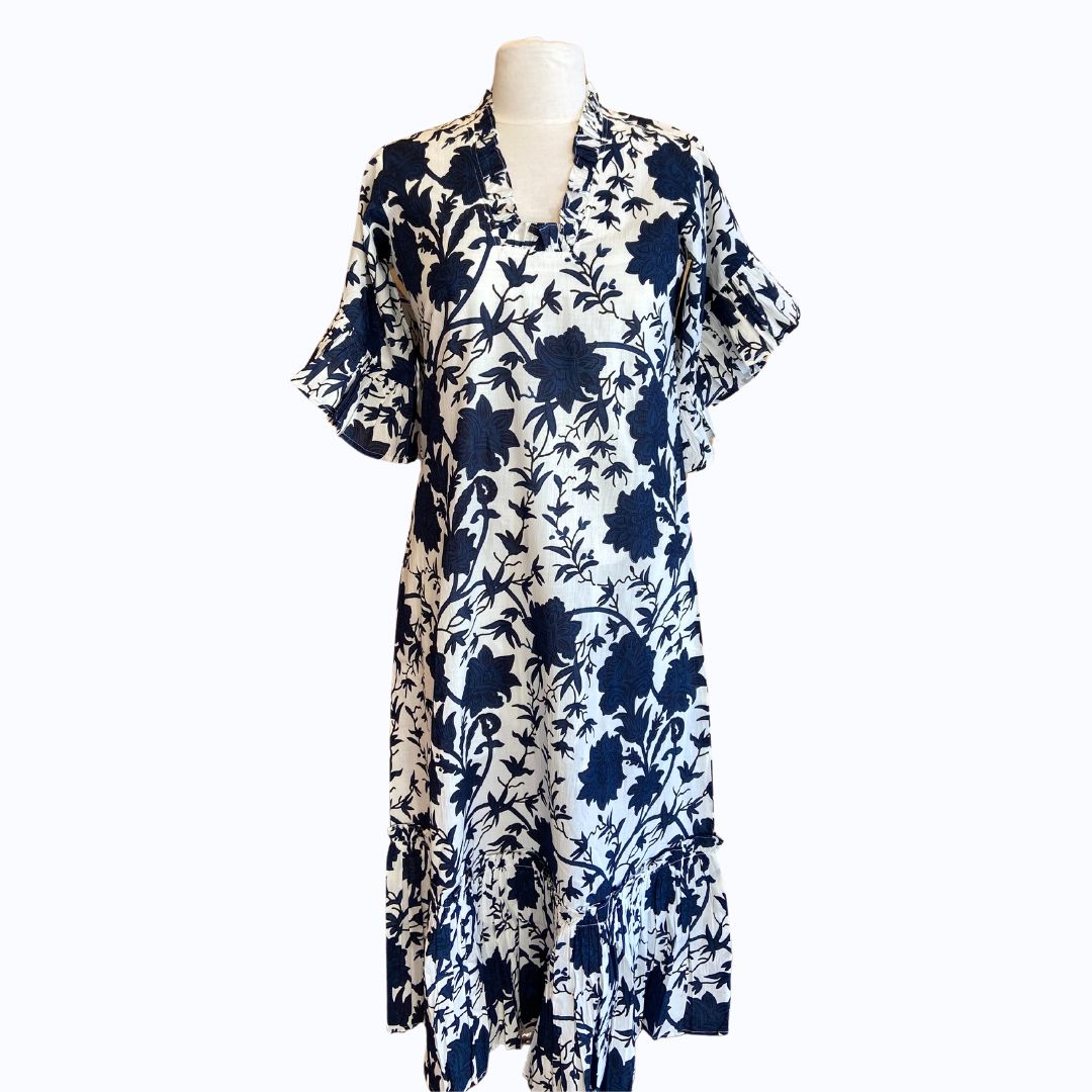 Navy &amp; White Floral Flutter Sleeve Dress