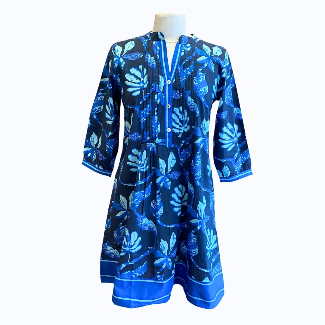 Blue Floral Pin Tuck Dress