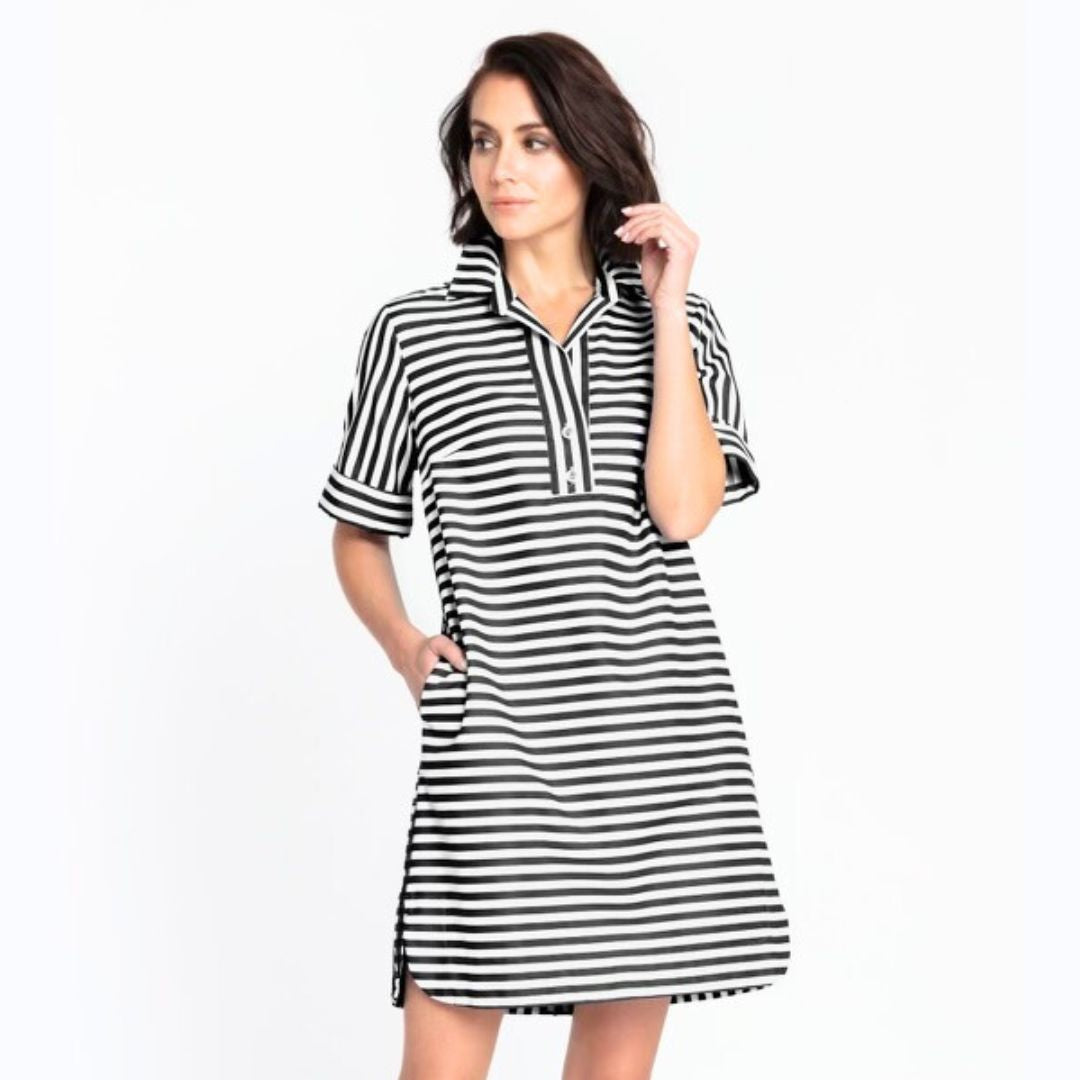Black &amp; White Striped Short Sleeve Dress
