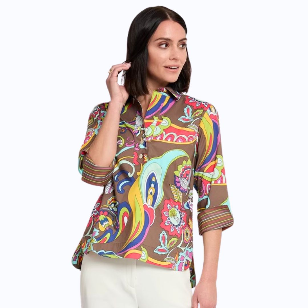 3/4 Sleeve Bali Print Shirt
