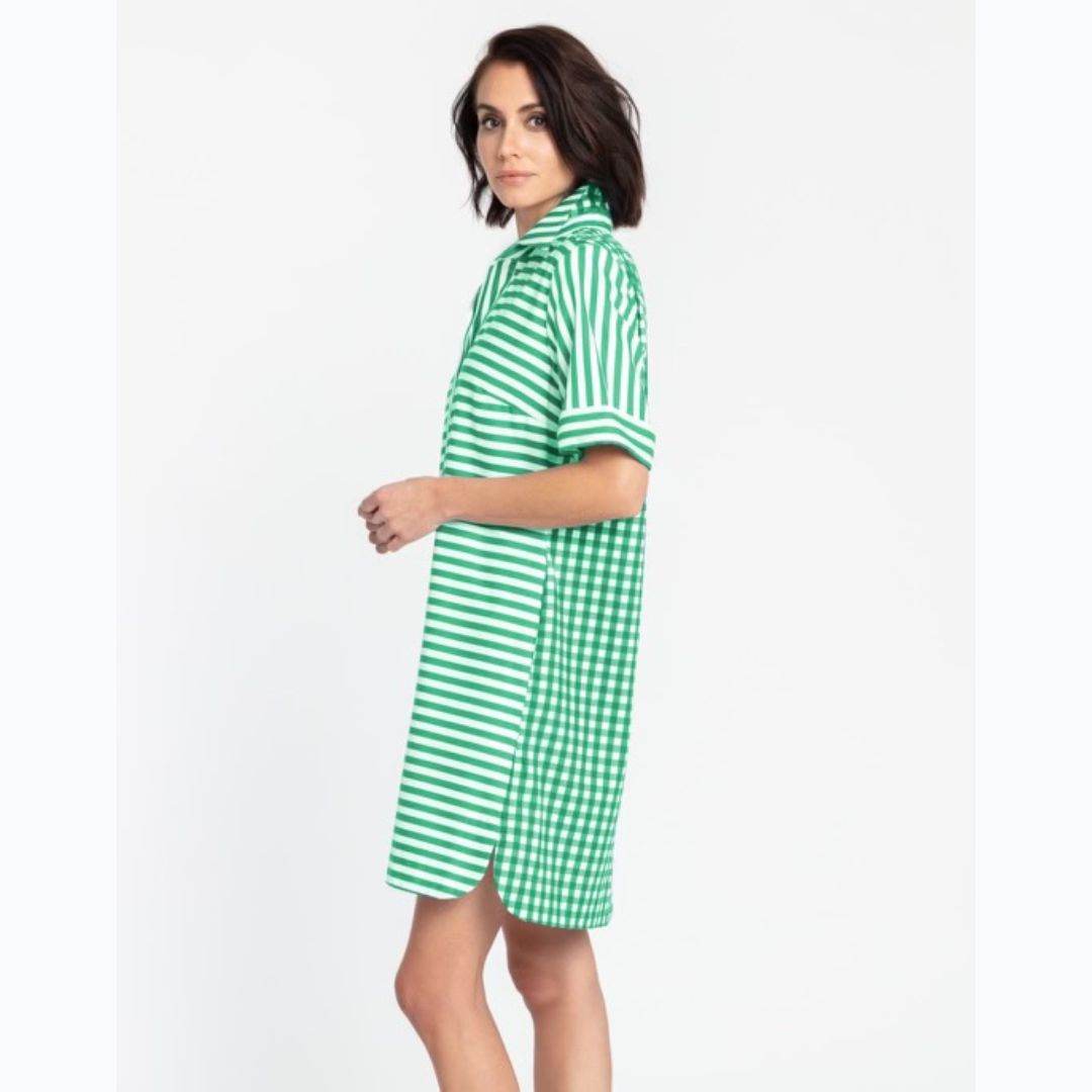 Green &amp; White Striped Short Sleeved Dress