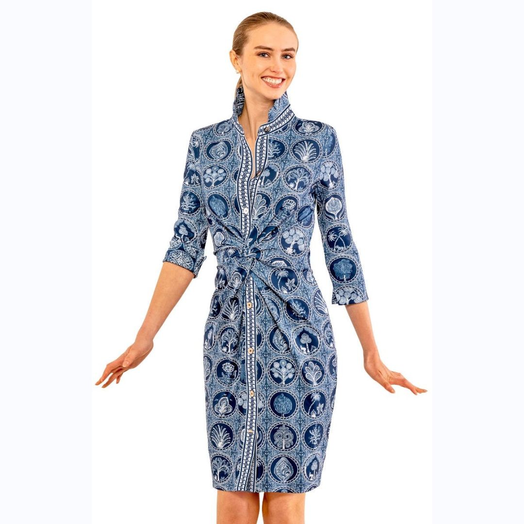 Navy &amp; White Print Twist Dress