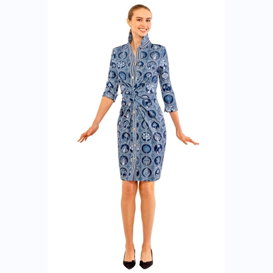 Navy &amp; White Print Twist Dress