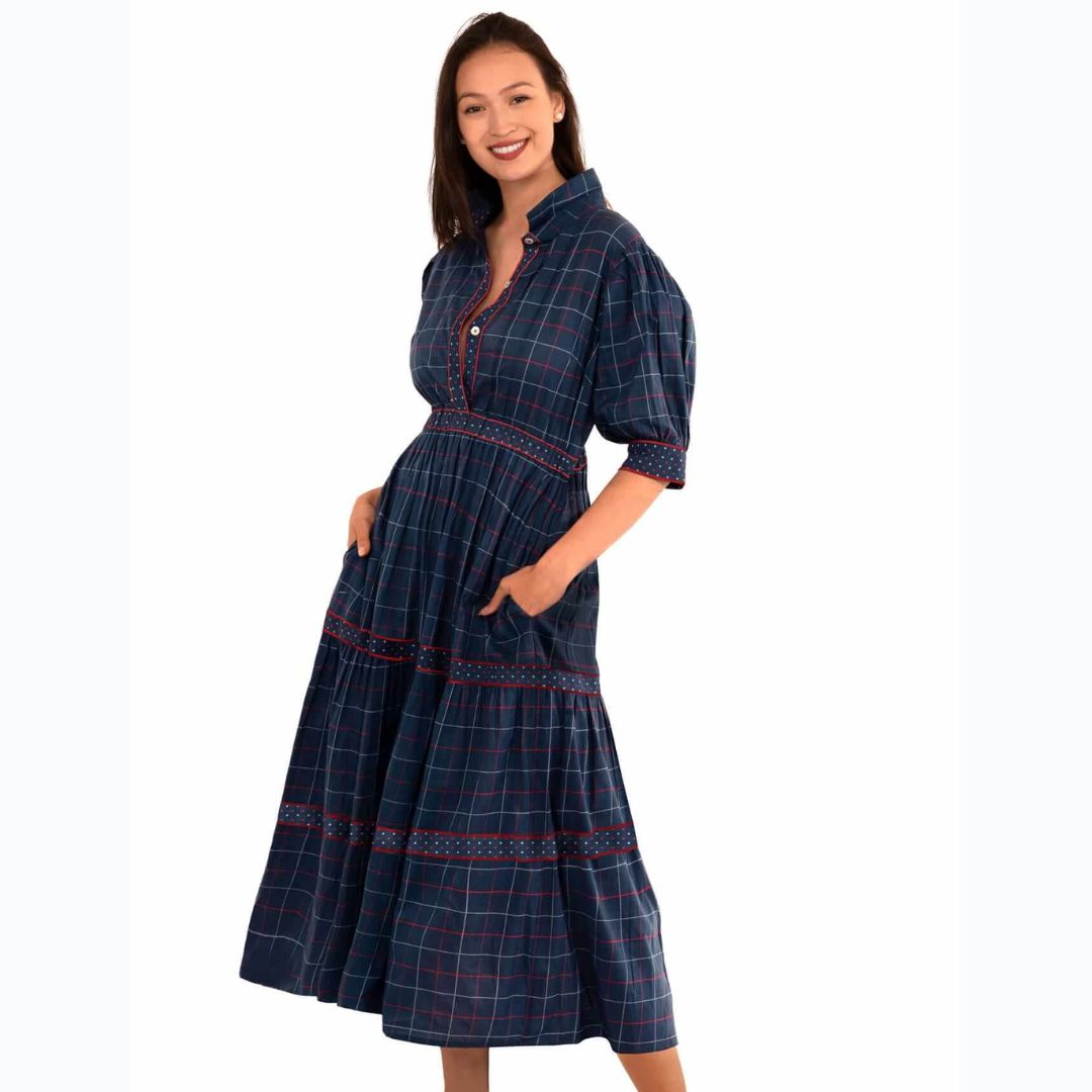 Navy Plaid Long Tiered Dress Small Navy Plaid Long Tiered Dress Small