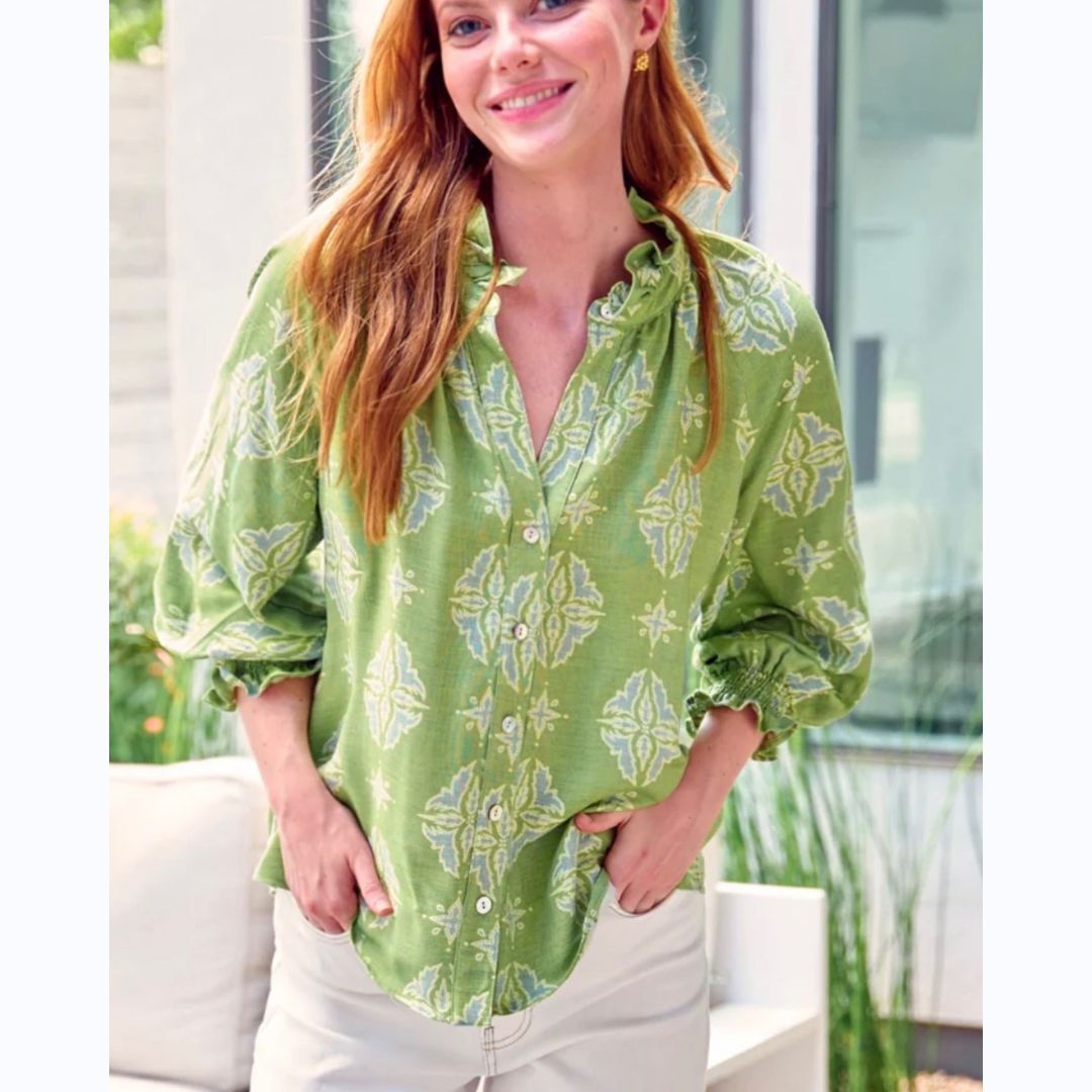Green Ruffle Neck Shirt