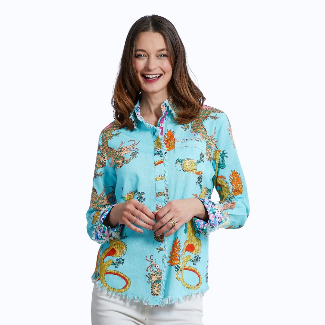 Turquoise Dragon Print Shirt