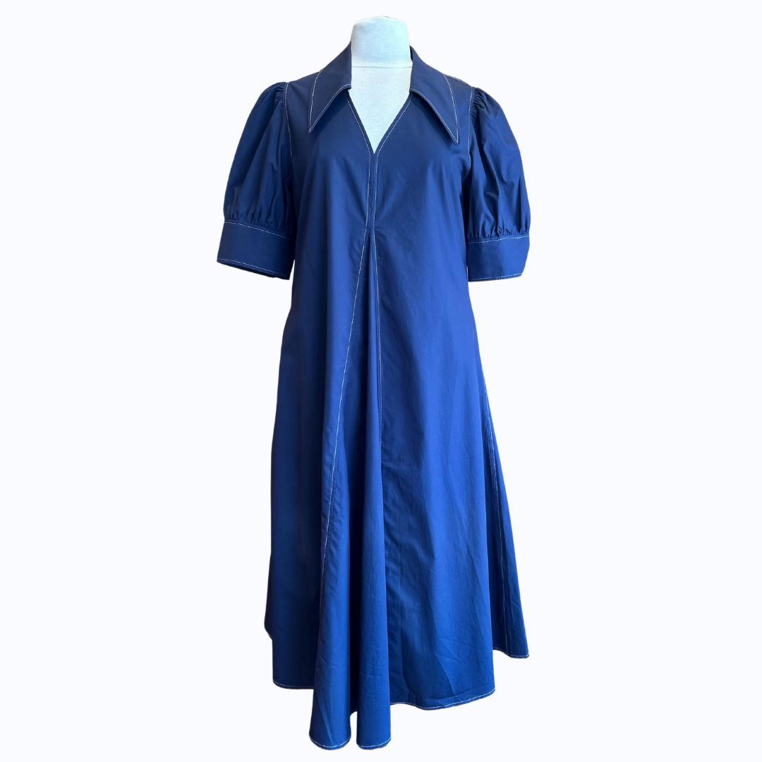 Navy Long Inverted Pleat Dress