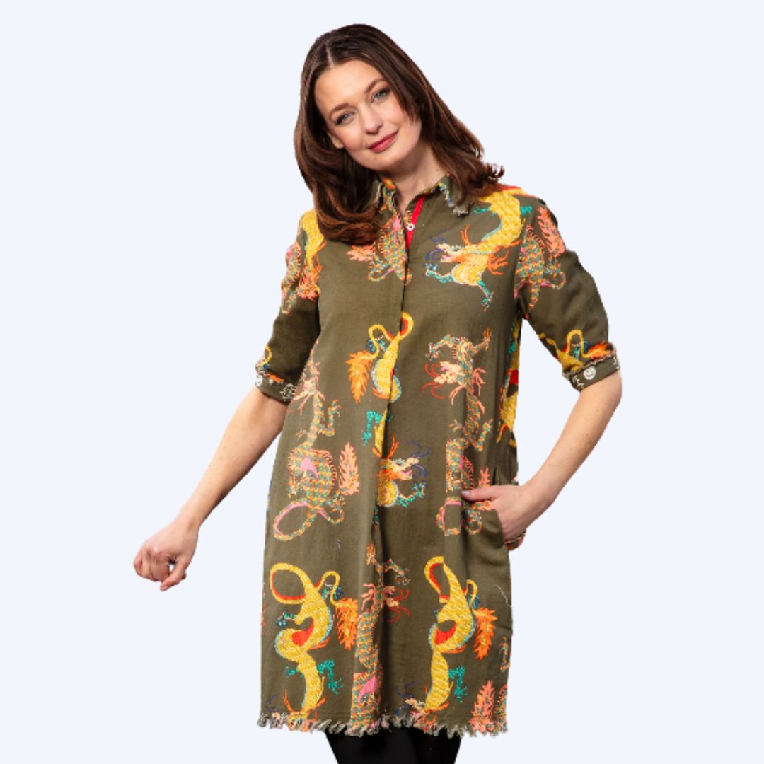 Olive Green Dragon Print Dress