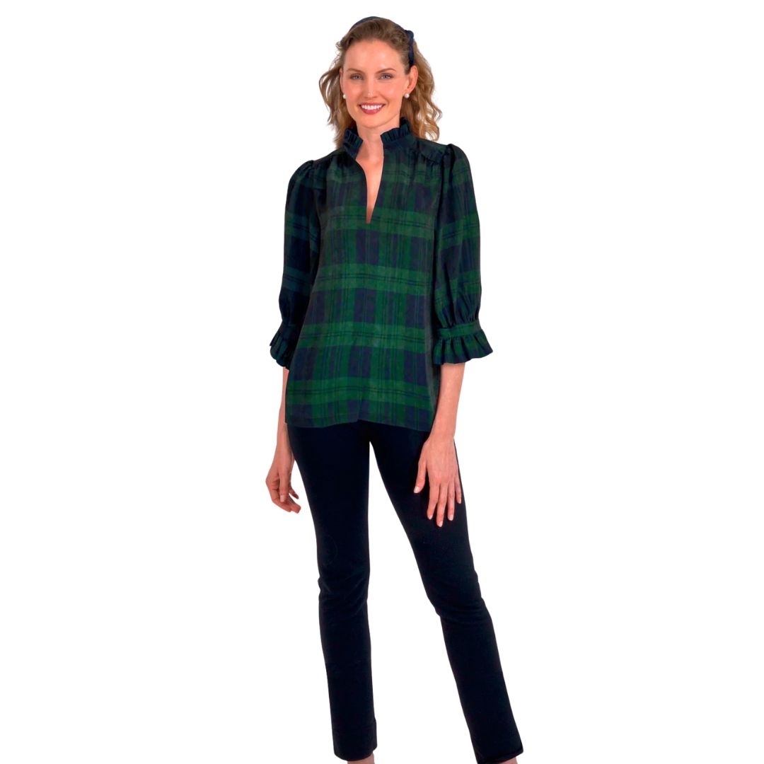 Green/Navy Plaid Ruffle Collar Tunic