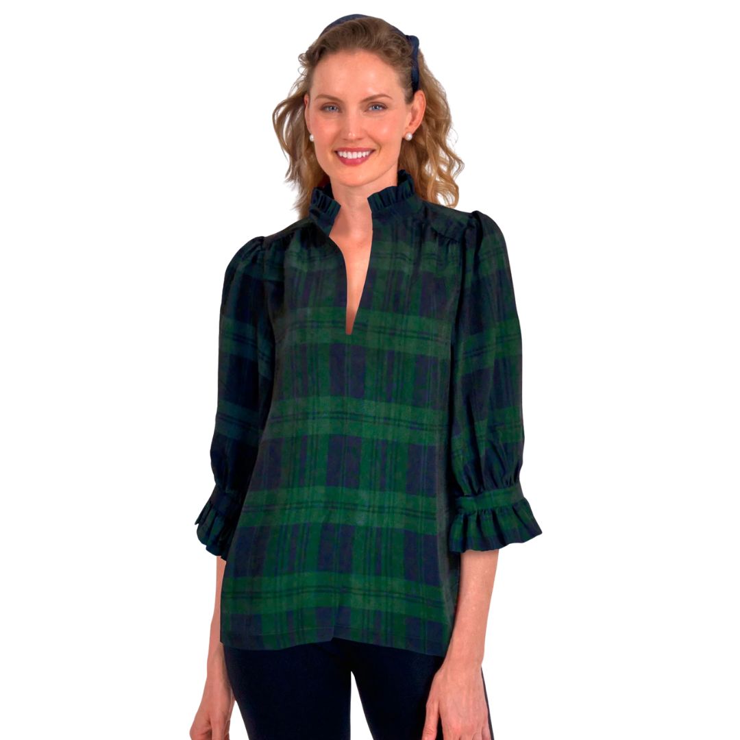 Green/Navy Plaid Ruffle Collar Tunic