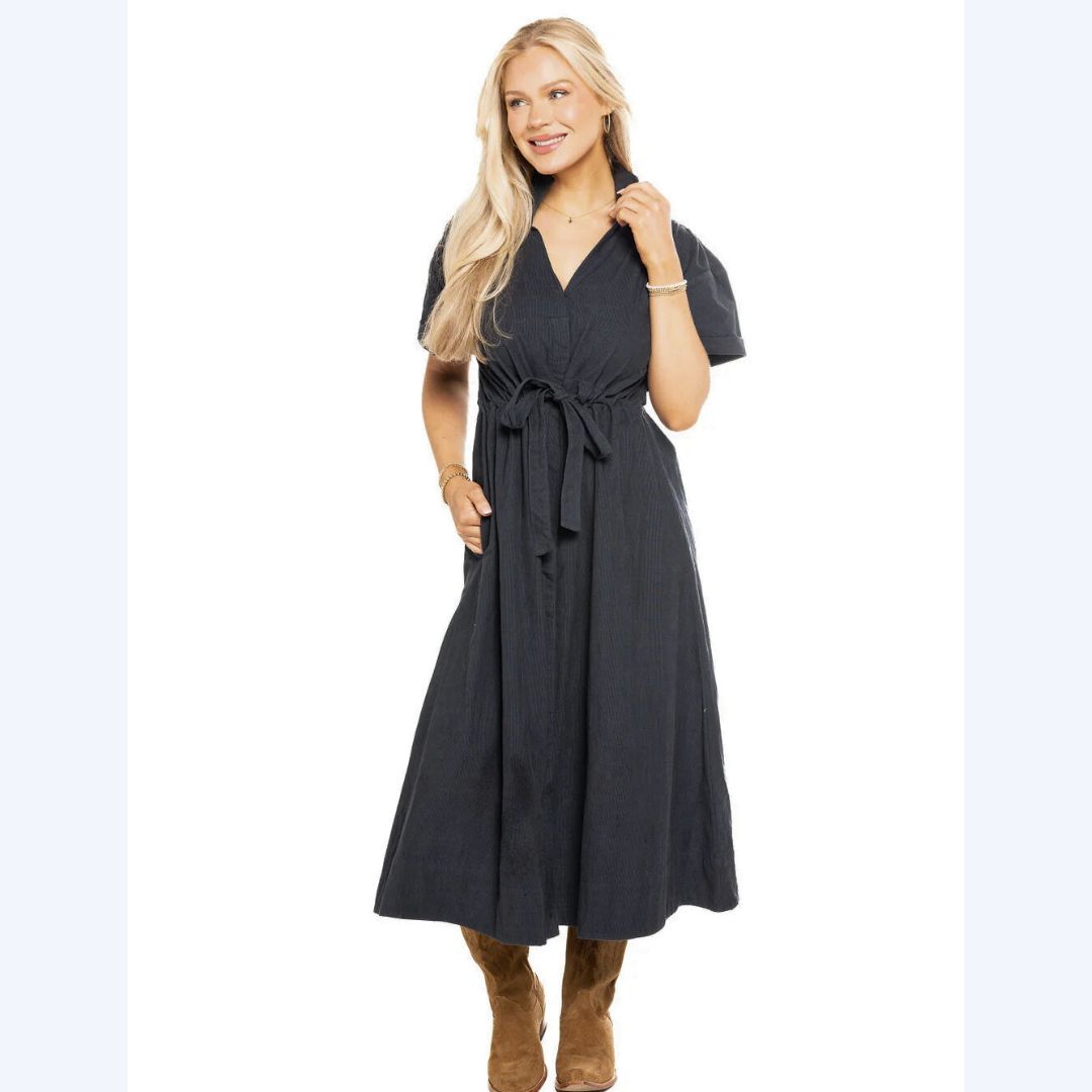 Navy Corduroy Button Front Dress