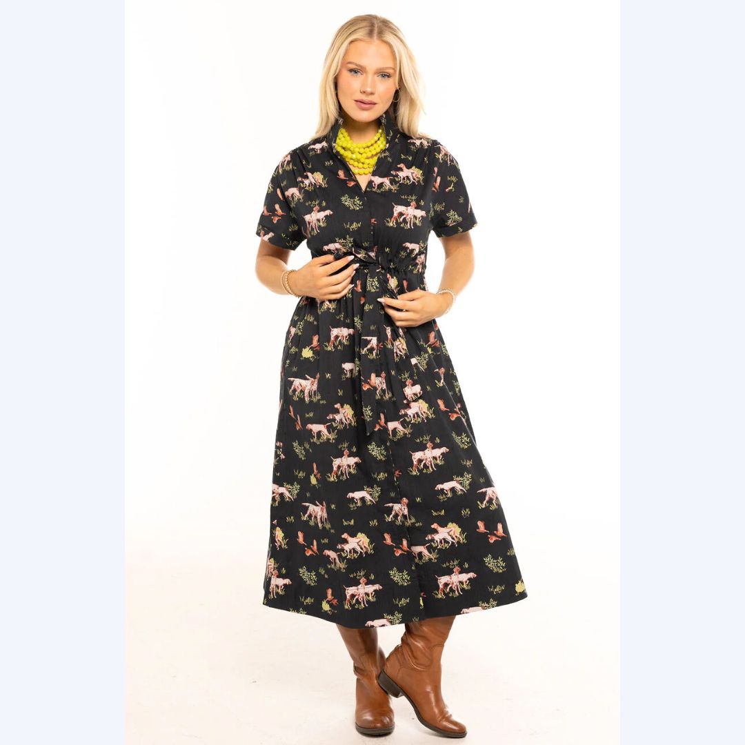 Hunt Print Black Button Front Dress