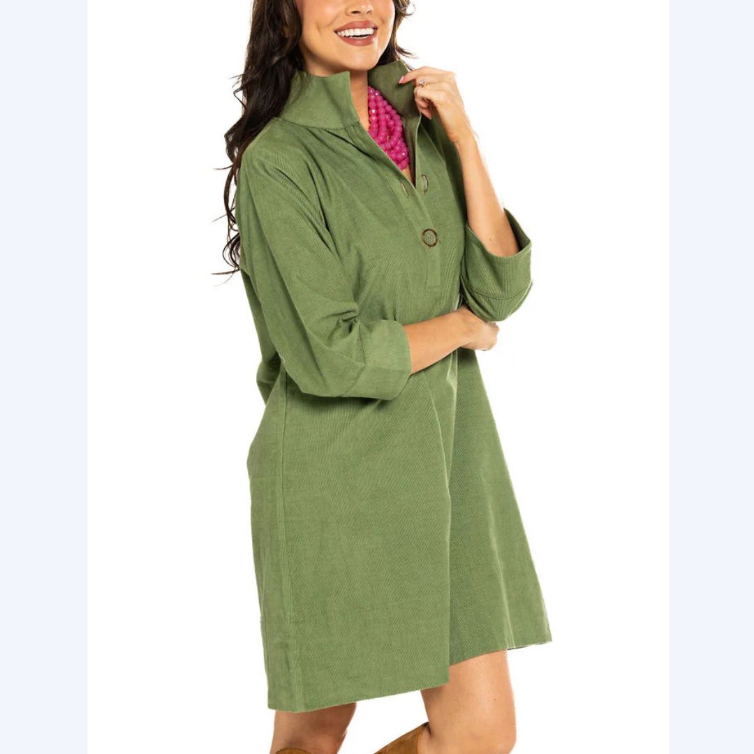 Green Corduroy Stand Collar Dress
