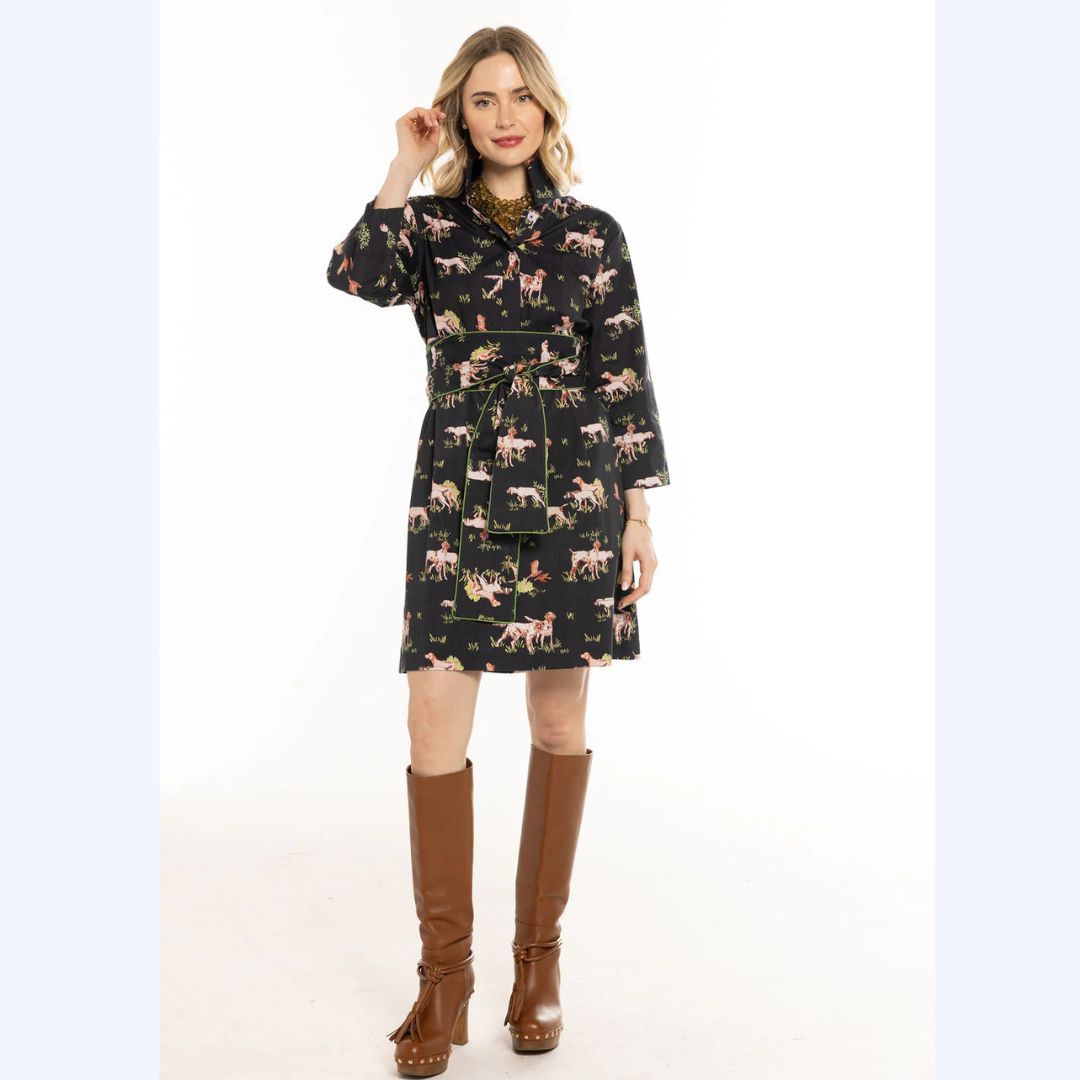 Black Hunt Print Stand Collar Dress
