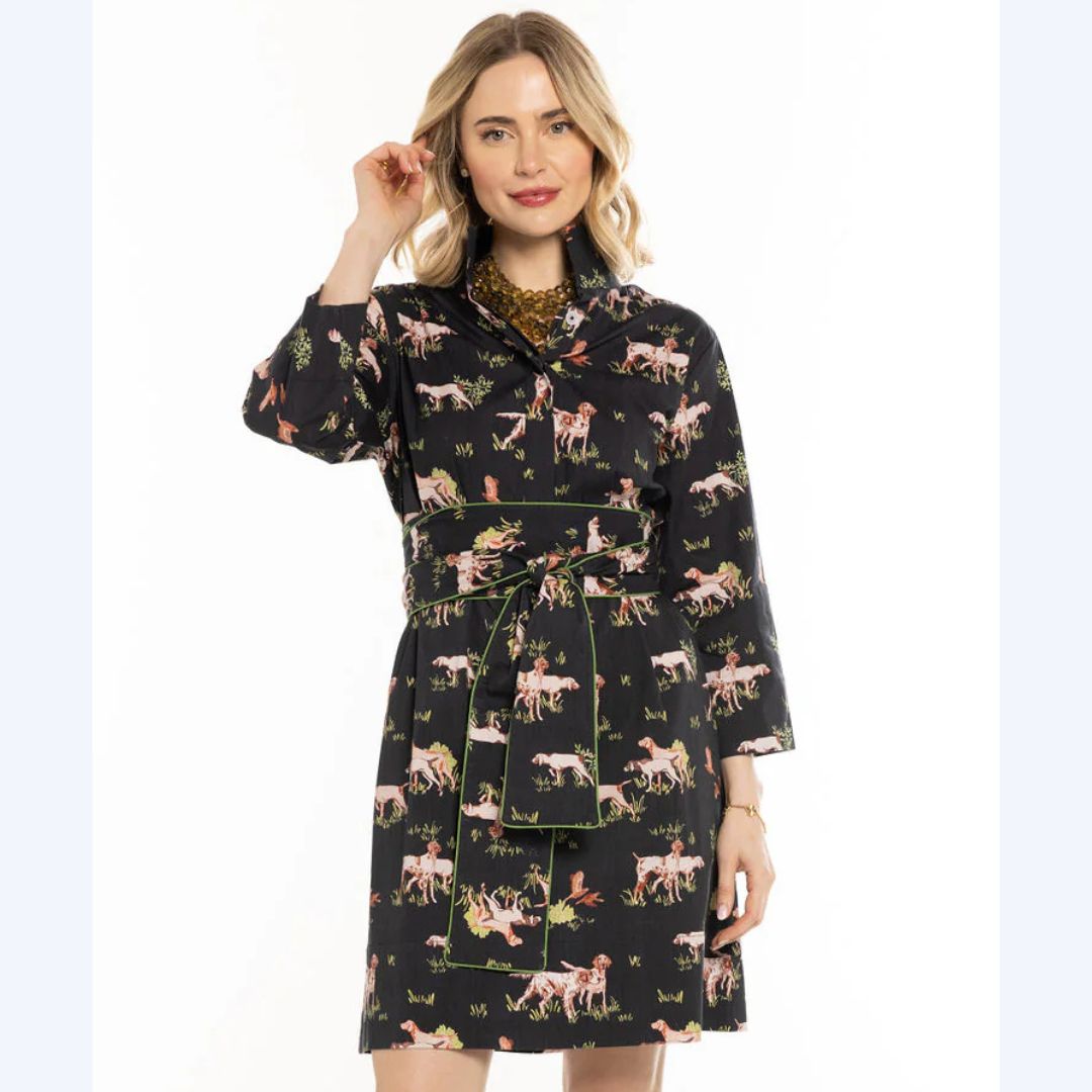 Black Hunt Print Stand Collar Dress