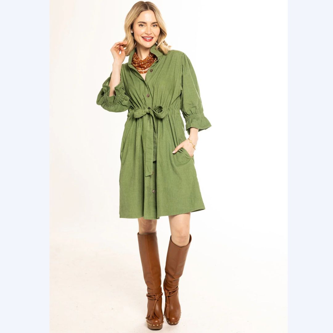 Green Corduroy Belted Dress