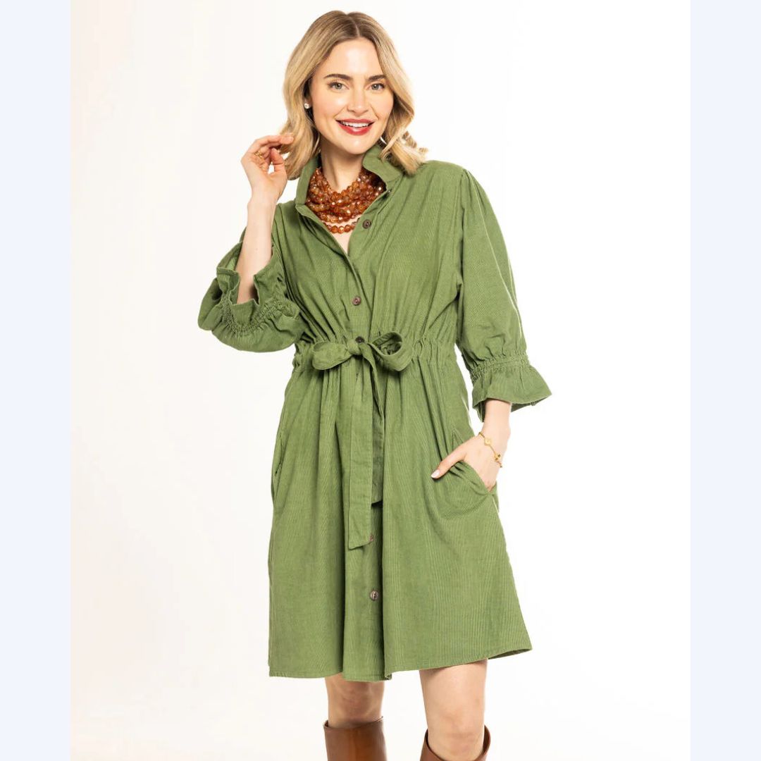Green Corduroy Belted Dress