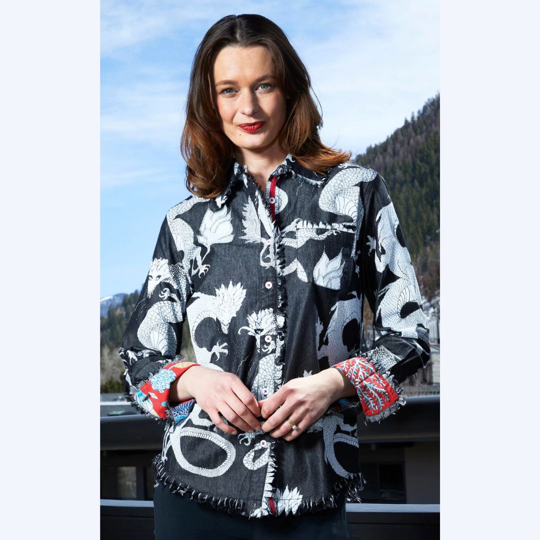 Black Denim Dragon Print Shirt
