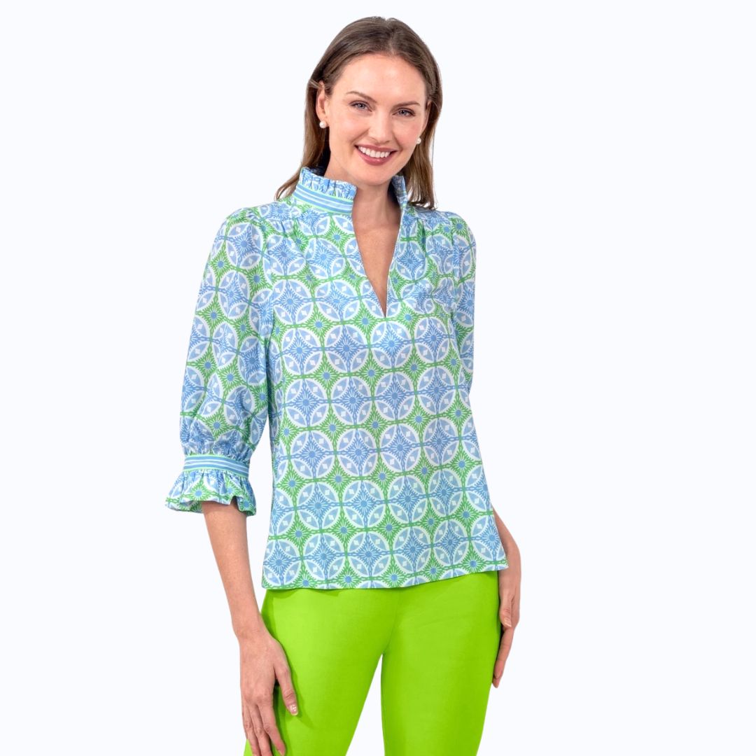 Tile Print Ruffle Collar Tunic