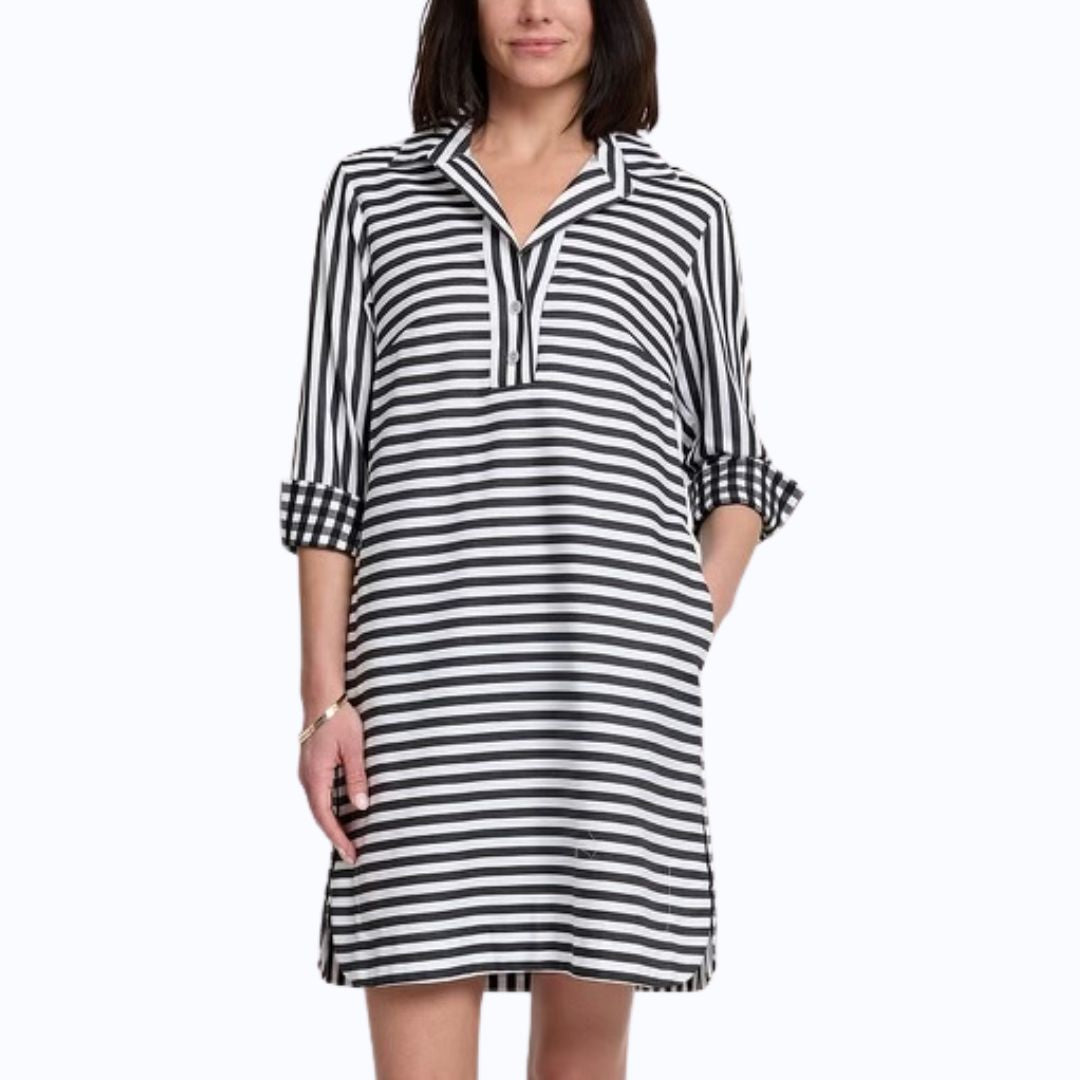 Navy & White Striped 3/4 Sleeve Dress
