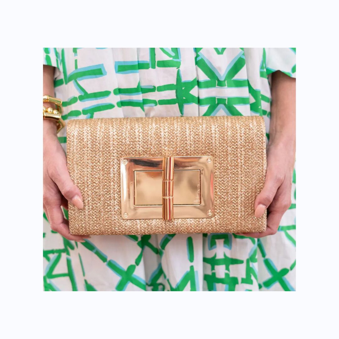 Gold Straw Clutch with Gold Closure