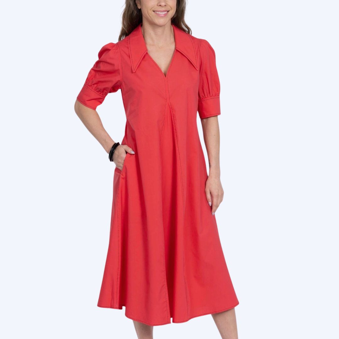 Red Long Inverted Pleat Dress
