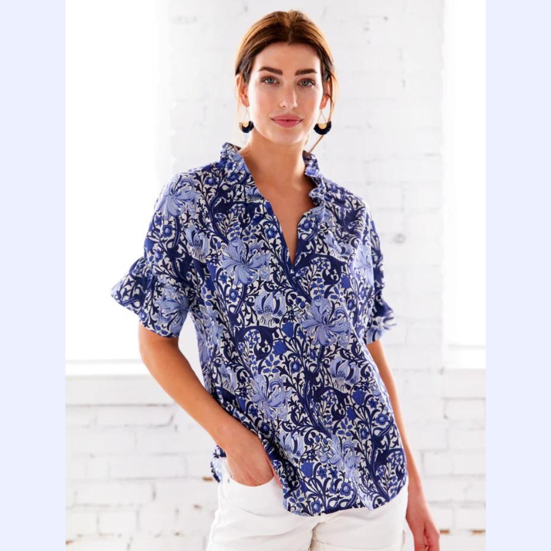 Blue &amp; White Floral Ruffle Collar Top