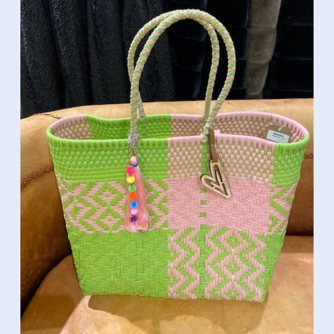 Handwoven Perfect Beach Bag-Pink/Green