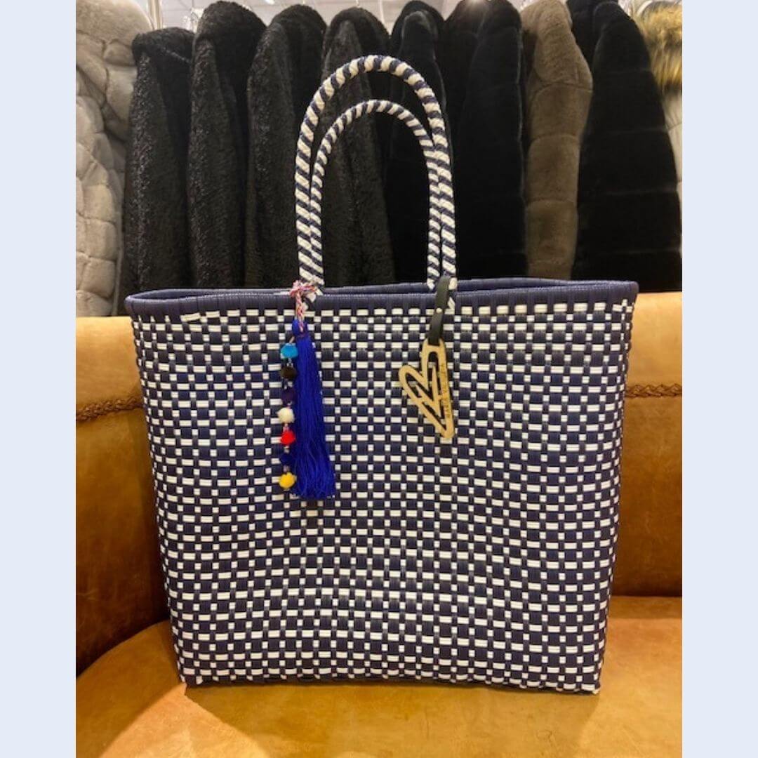 Handwoven Perfect Beach Bag-Navy/White