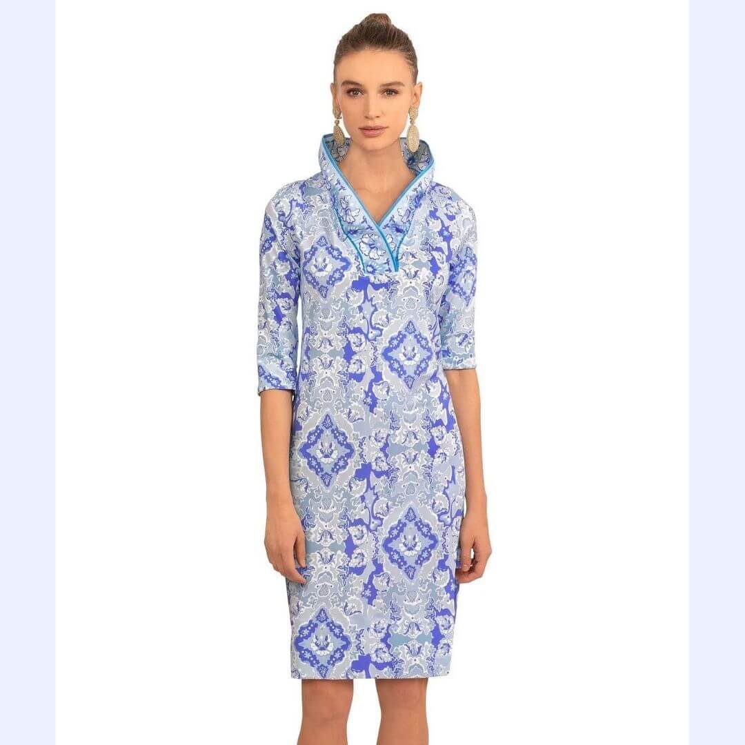 Blue Floral Ruffle Neck Dress
